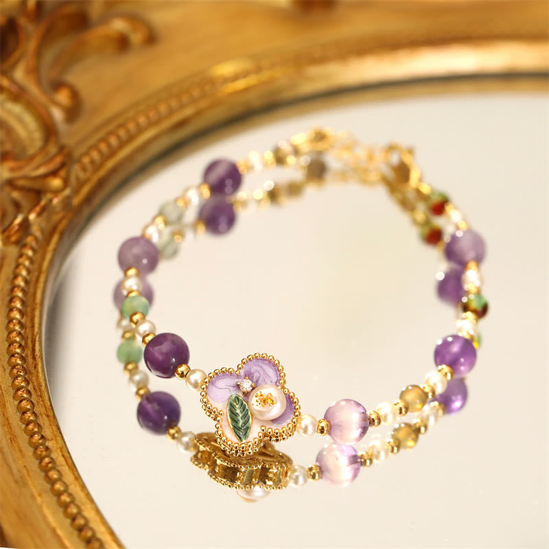 Buddha Stones Pearl Turquoise Beads Flower Design Copper Luck Chain Bracelet - Purple Bead (Natural Pearl Irregular&Unique)(Wrist Circumference: 14-16cm) - image 0