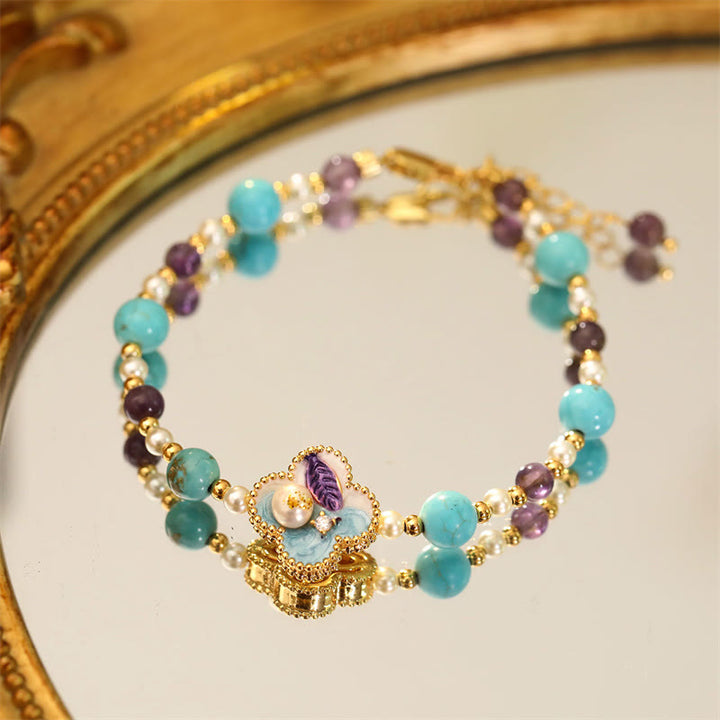 Buddha Stones Pearl Turquoise Beads Flower Design Copper Luck Chain Bracelet - Blue Bead (Natural Pearl Irregular&Unique)(Wrist Circumference: 14-16cm) - image 4