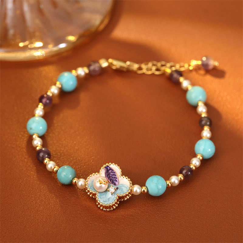 Buddha Stones Pearl Turquoise Beads Flower Design Copper Luck Chain Bracelet - image 5