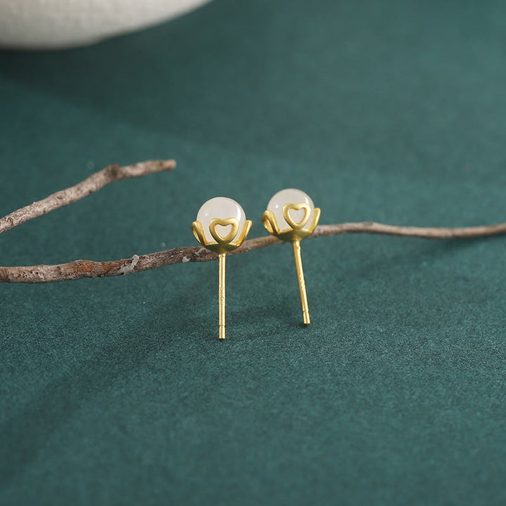 Buddha Stones Hetian Jade 925 Sterling Silver Heart-Shaped Lace Harmony Earrings - image 2