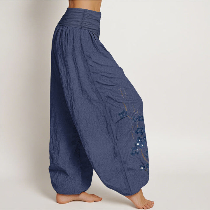 Buddha Stones Cotton Plum Bossom Calligraphy Pattern Women's Elastic Waist Harem Pants - image 9
