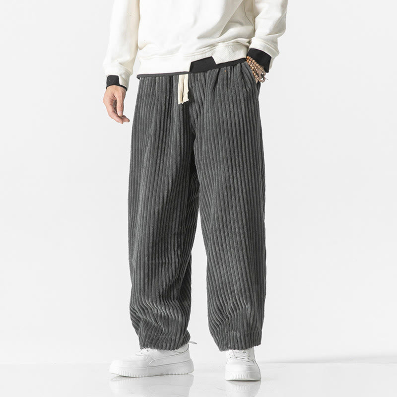 Buddha Stones Retro Winter Solid Color Men's Drawstring Corduroy Harem Pants With Pockets - Gray - US/UK/AU50，EU60 (5XL) - image 0