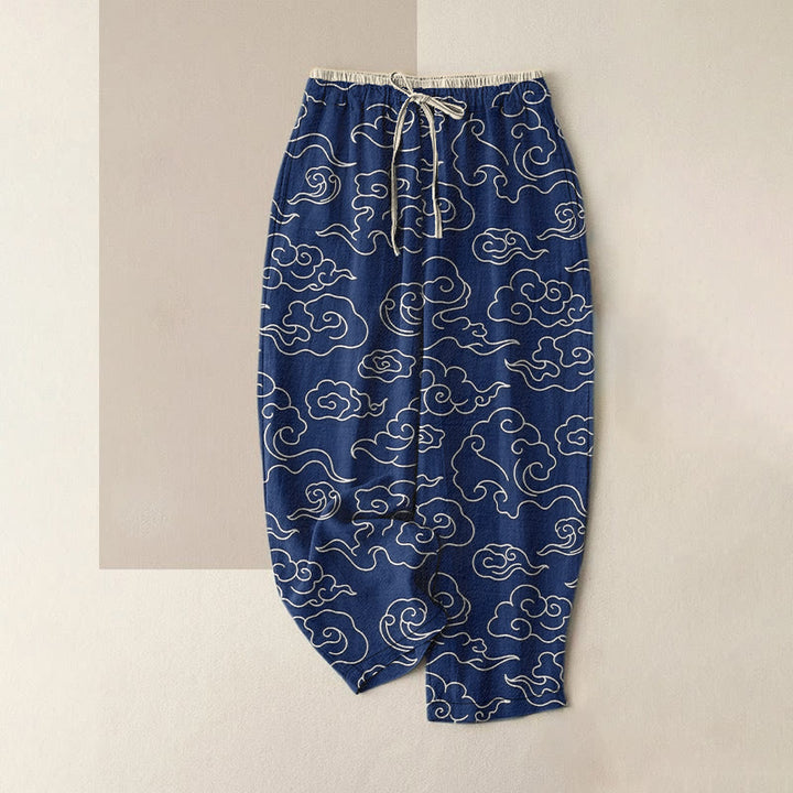 Buddha Stones Pure Cotton Casual Auspicious Cloud Pattern Women's Elastic Waist Pants With Pockets - MidnightBlue - US16，UK/AU20，EU48 (3XL) - image 0