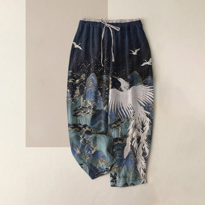 Buddha Stones Pure Cotton Auspicious Landscape Crane Pattern Women's Elastic Waist Pants With Pockets - MidnightBlue - US16，UK/AU20，EU48 (3XL) - image 0