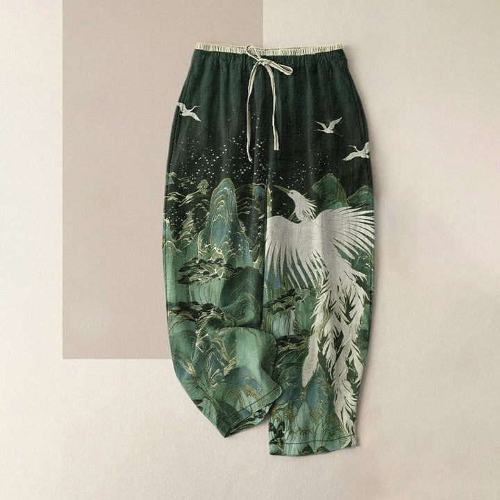 Buddha Stones Pure Cotton Auspicious Landscape Crane Pattern Women's Elastic Waist Pants With Pockets - DarkSlateGray - US16，UK/AU20，EU48 (3XL) - image 4