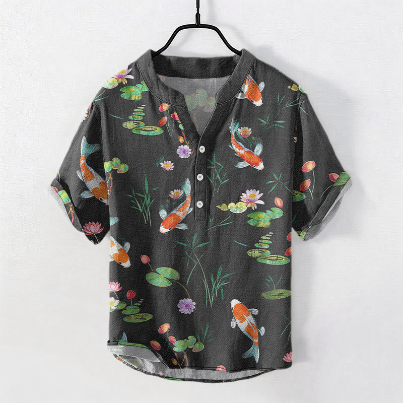 Buddha Stones Cotton Koi Fish Lotus Pattern Men's Short Sleeve Half Button Shirt - DimGray - US/UK/AU50，EU60 (5XL) - image 0