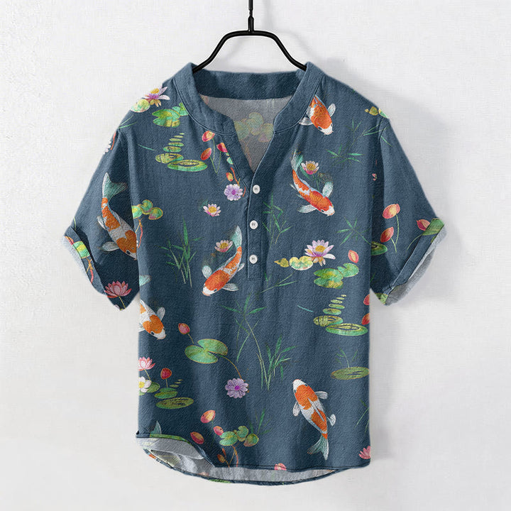 Buddha Stones Cotton Koi Fish Lotus Pattern Men's Short Sleeve Half Button Shirt - SteelBlue - US/UK/AU50，EU60 (5XL) - image 4
