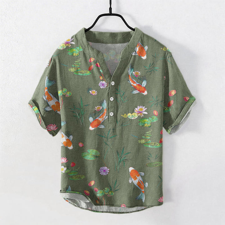 Buddha Stones Cotton Koi Fish Lotus Pattern Men's Short Sleeve Half Button Shirt - DarkSeaGreen - US/UK/AU50，EU60 (5XL) - image 6
