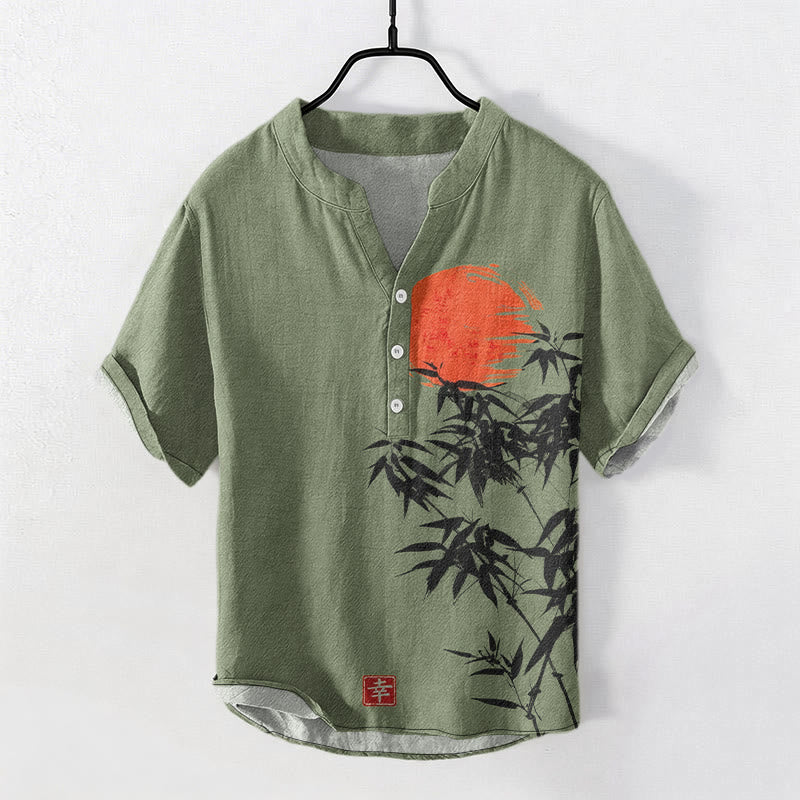 Buddha Stones Cotton Simple Red Sun Bamboo Pattern Men's Short Sleeve Half Button Shirt - DarkSeaGreen - US/UK/AU50，EU60 (5XL) - image 0