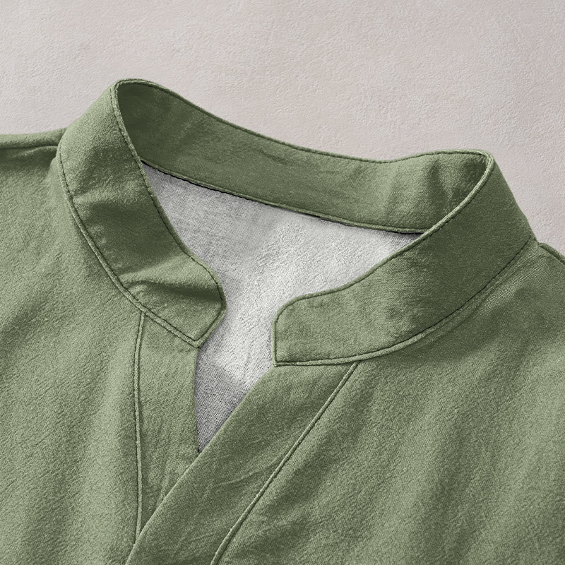 Buddha Stones Cotton Simple Red Sun Bamboo Pattern Men's Short Sleeve Half Button Shirt - image 2