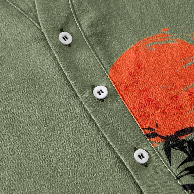 Buddha Stones Cotton Simple Red Sun Bamboo Pattern Men's Short Sleeve Half Button Shirt - image 3