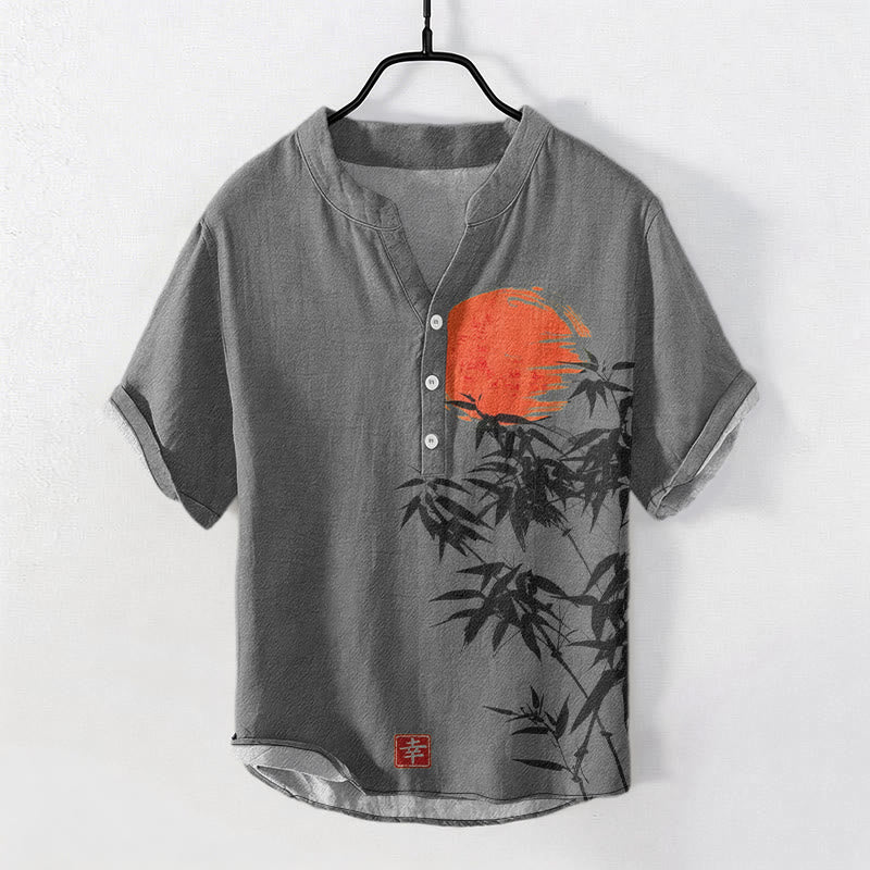 Buddha Stones Cotton Simple Red Sun Bamboo Pattern Men's Short Sleeve Half Button Shirt - Gray - US/UK/AU50，EU60 (5XL) - image 4
