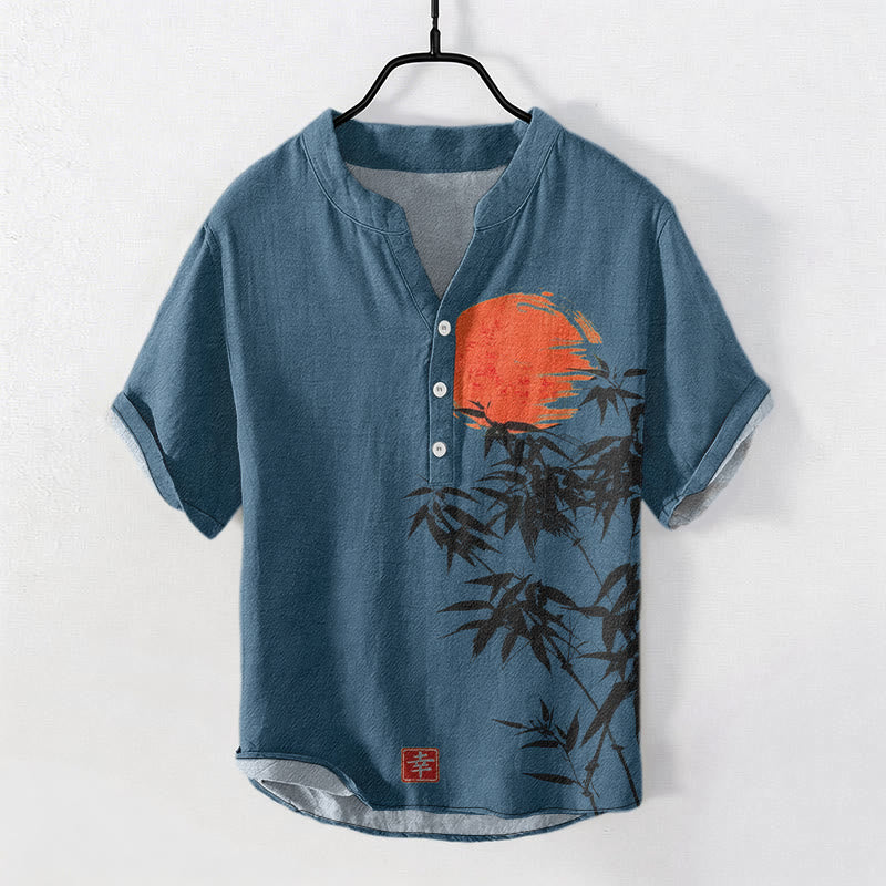 Buddha Stones Cotton Simple Red Sun Bamboo Pattern Men's Short Sleeve Half Button Shirt - SteelBlue - US/UK/AU50，EU60 (5XL) - image 6