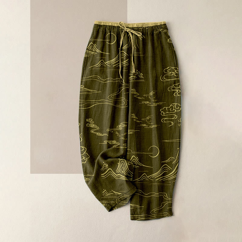Buddha Stones Cotton Casual Mountain Moon Auspicious Clouds Pattern Women's Elastic Waist Pants With Pockets - DarkKhaki - US16，UK/AU20，EU48 (3XL) - image 5
