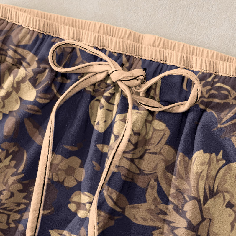 Buddha Stones Cotton Casual Peony Flowers Leaves Pattern Women's Elastic Waist Pants With Pockets - image 1