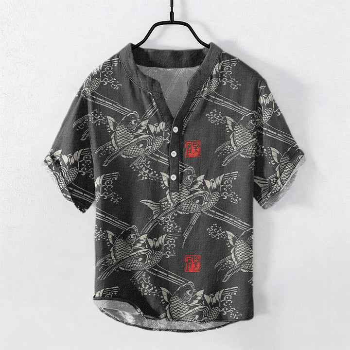 Buddha Stones Cotton Koi Fish Bamboo Pattern Men's Short Sleeve Half Button Shirt - Black - US/UK/AU50，EU60 (5XL) - image 0