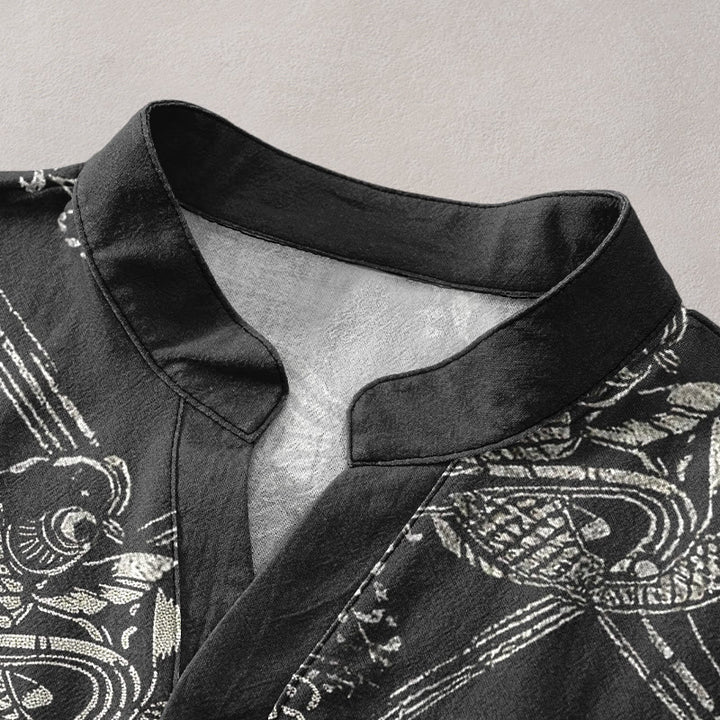 Buddha Stones Cotton Koi Fish Bamboo Pattern Men's Short Sleeve Half Button Shirt - image 2