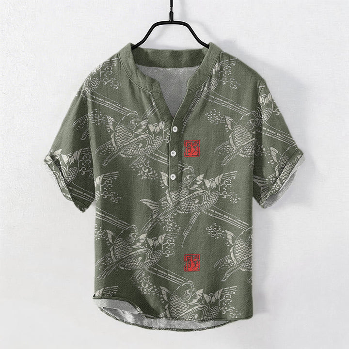 Buddha Stones Cotton Koi Fish Bamboo Pattern Men's Short Sleeve Half Button Shirt - DarkSeaGreen - US/UK/AU50，EU60 (5XL) - image 4