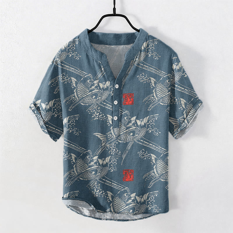 Buddha Stones Cotton Koi Fish Bamboo Pattern Men's Short Sleeve Half Button Shirt - SteelBlue - US/UK/AU50，EU60 (5XL) - image 6