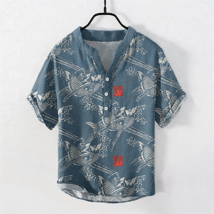 Buddha Stones Cotton Koi Fish Bamboo Pattern Men's Short Sleeve Half Button Shirt - SteelBlue - US/UK/AU50，EU60 (5XL) - image 6