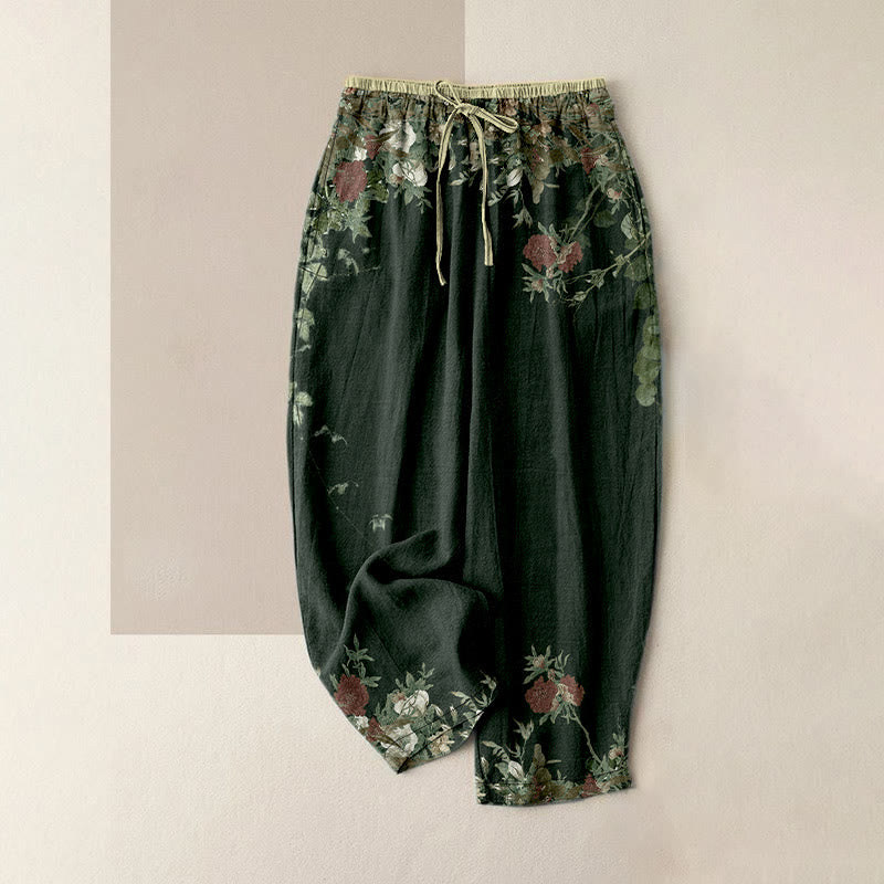 Buddha Stones Cotton Casual Red Peony Flower Vine Design Women's Elastic Waist Pants With Pockets - DarkSeaGreen - US16，UK/AU20，EU48 (3XL) - image 4