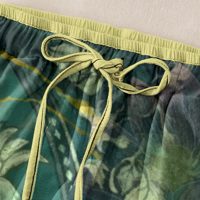 Buddha Stones Cotton Casual White Lotus Leaves Pattern Women's Elastic Waist Pants With Pockets - image 1