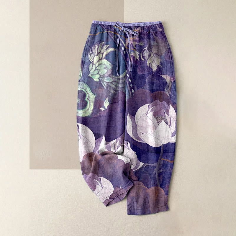 Buddha Stones Cotton Casual White Lotus Leaves Pattern Women's Elastic Waist Pants With Pockets - DarkOrchid - US16，UK/AU20，EU48 (3XL) - image 5