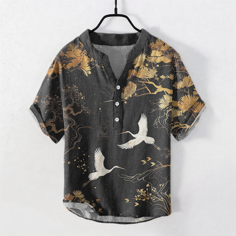 Buddha Stones Cotton Pine Tree White Crane Pattern Men's Short Sleeve Half Button Shirt - Black - US/UK/AU50，EU60 (5XL) - image 0