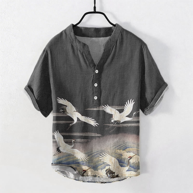 Buddha Stones Cotton Crane Waves Pattern Men's Short Sleeve Half Button Shirt - DimGray - US/UK/AU50，EU60 (5XL) - image 0