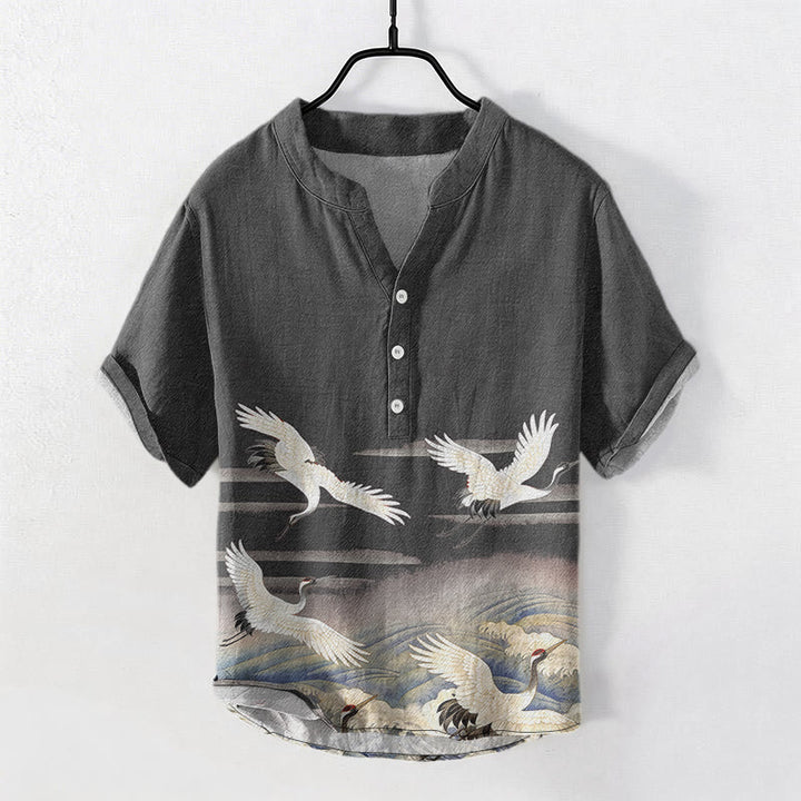 Buddha Stones Cotton Crane Waves Pattern Men's Short Sleeve Half Button Shirt - DimGray - US/UK/AU50，EU60 (5XL) - image 0
