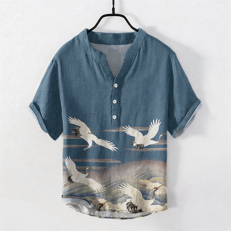 Buddha Stones Cotton Crane Waves Pattern Men's Short Sleeve Half Button Shirt - SteelBlue - US/UK/AU50，EU60 (5XL) - image 4