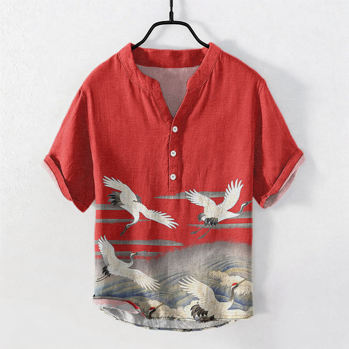 Buddha Stones Cotton Crane Waves Pattern Men's Short Sleeve Half Button Shirt - FireBrick - US/UK/AU50，EU60 (5XL) - image 6