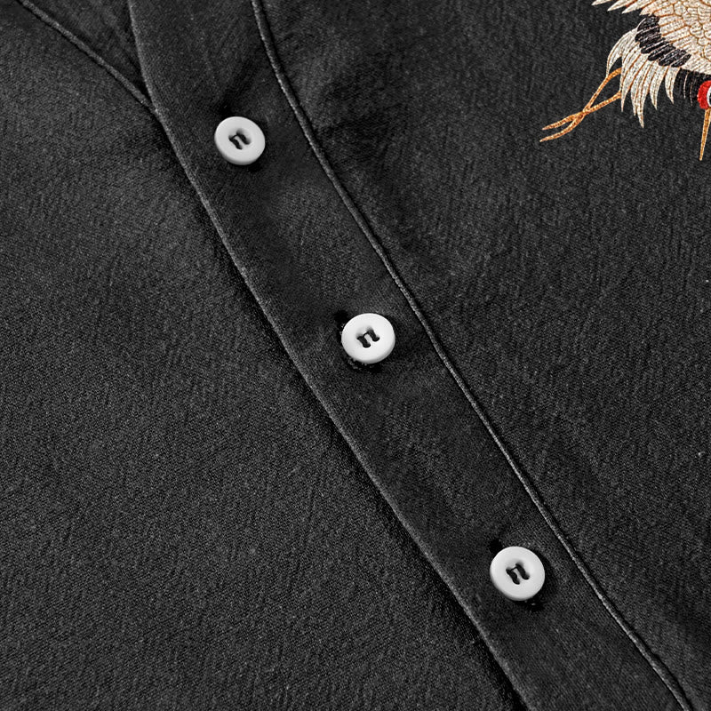 Buddha Stones Cotton Simple Crane Red Sun Pine Pattern Men's Short Sleeve Half Button Shirt - image 3