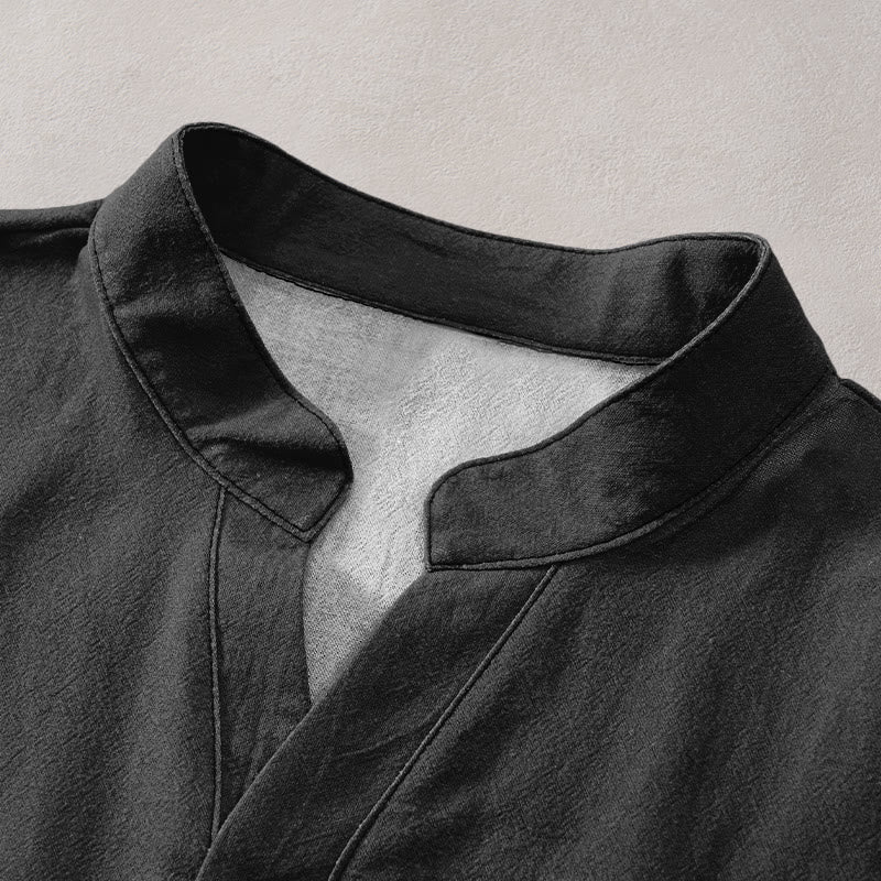 Buddha Stones Cotton Simple Crane Red Sun Pine Pattern Men's Short Sleeve Half Button Shirt - image 2