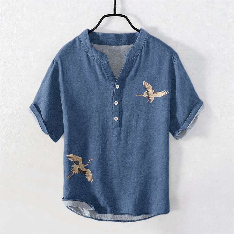 Buddha Stones Cotton Simple Crane Red Sun Pine Pattern Men's Short Sleeve Half Button Shirt - SteelBlue - US/UK/AU50，EU60 (5XL) - image 4