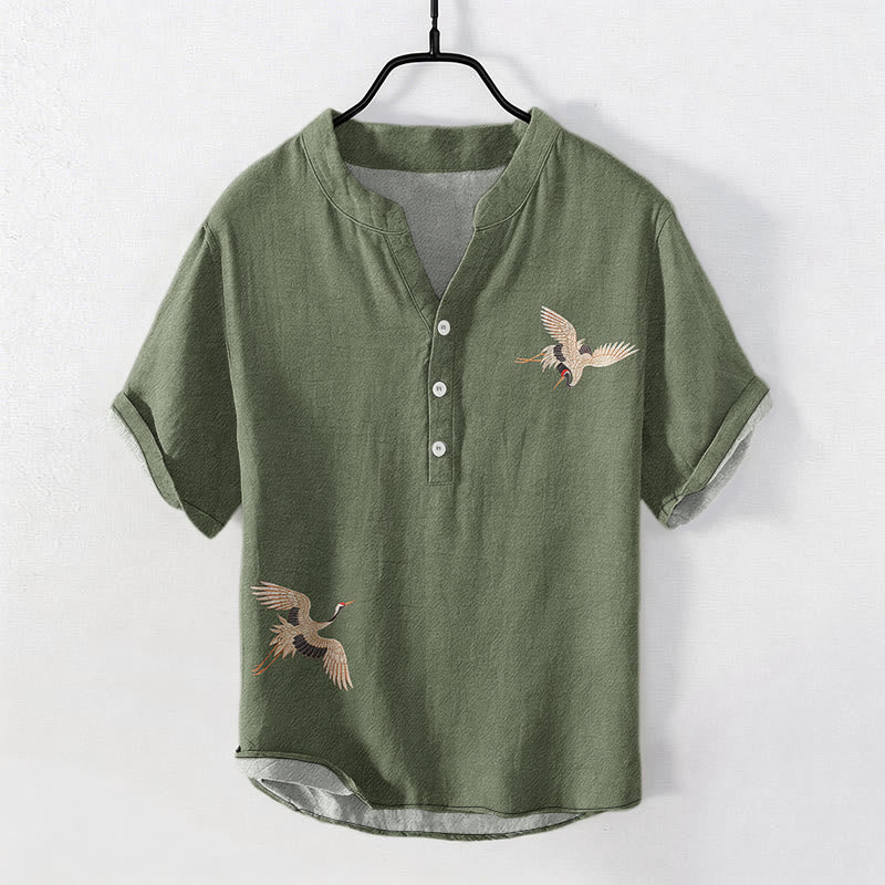 Buddha Stones Cotton Simple Crane Red Sun Pine Pattern Men's Short Sleeve Half Button Shirt - DarkSeaGreen - US/UK/AU50，EU60 (5XL) - image 6