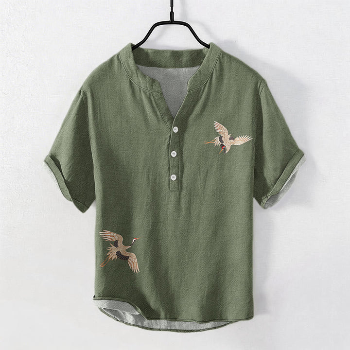Buddha Stones Cotton Simple Crane Red Sun Pine Pattern Men's Short Sleeve Half Button Shirt - DarkSeaGreen - US/UK/AU50，EU60 (5XL) - image 6