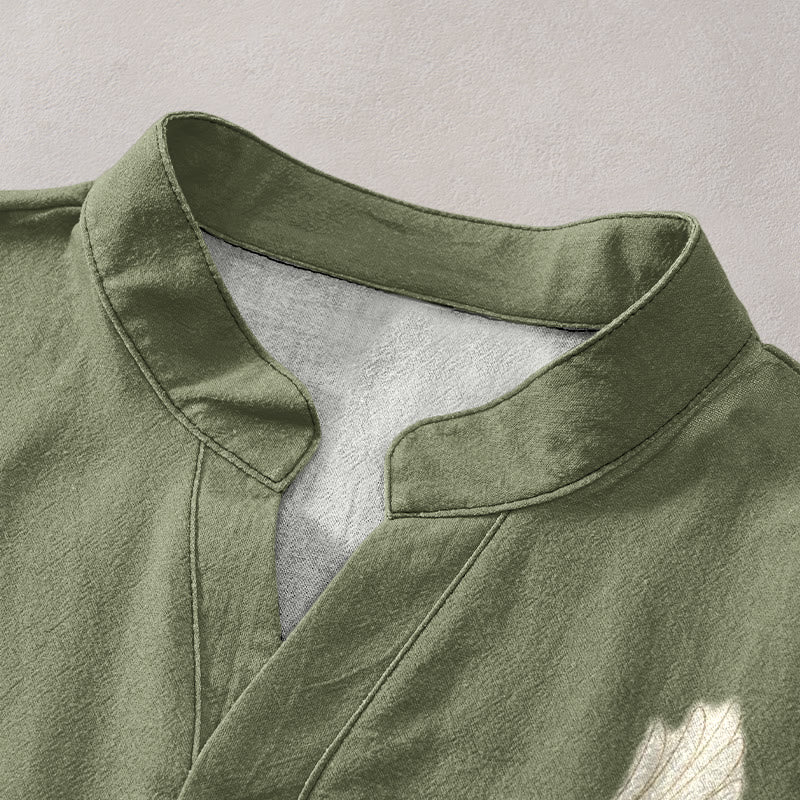 Buddha Stones Cotton Crane Auspicious Clouds Landscapes Pattern Men's Short Sleeve Half Button Shirt - image 2