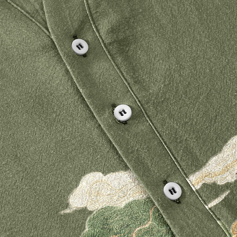 Buddha Stones Cotton Crane Auspicious Clouds Landscapes Pattern Men's Short Sleeve Half Button Shirt - image 3