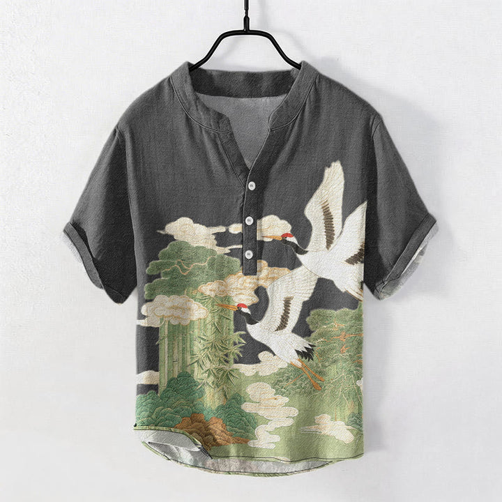 Buddha Stones Cotton Crane Auspicious Clouds Landscapes Pattern Men's Short Sleeve Half Button Shirt - DimGray - US/UK/AU50，EU60 (5XL) - image 4