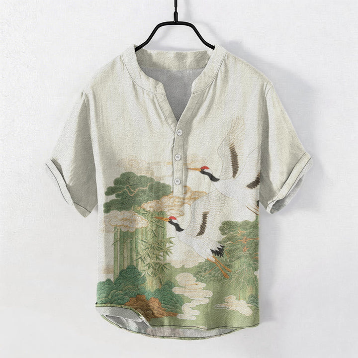 Buddha Stones Cotton Crane Auspicious Clouds Landscapes Pattern Men's Short Sleeve Half Button Shirt - Linen - US/UK/AU50，EU60 (5XL) - image 6