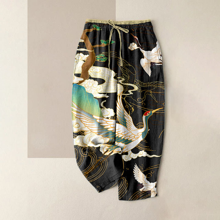 Buddha Stones Cotton Casual Flying Cranes Auspicious Clouds Tree Women's Elastic Waist Pants With Pockets - Black - US16，UK/AU20，EU48 (3XL) - image 0