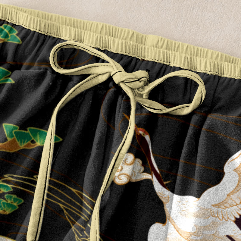 Buddha Stones Cotton Casual Flying Cranes Auspicious Clouds Tree Women's Elastic Waist Pants With Pockets - image 1