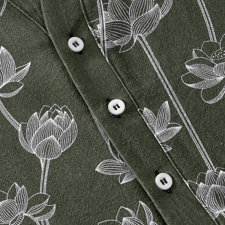 Buddha Stones Cotton Harmonious Lotus Pattern Men's Short Sleeve Half Button Shirt - image 3