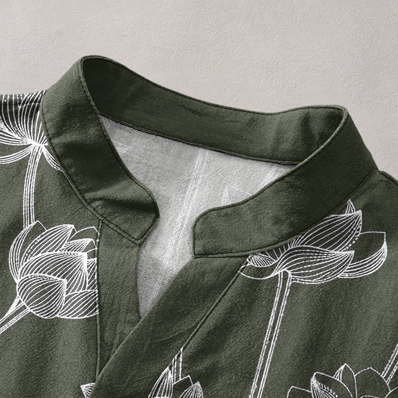 Buddha Stones Cotton Harmonious Lotus Pattern Men's Short Sleeve Half Button Shirt - image 2