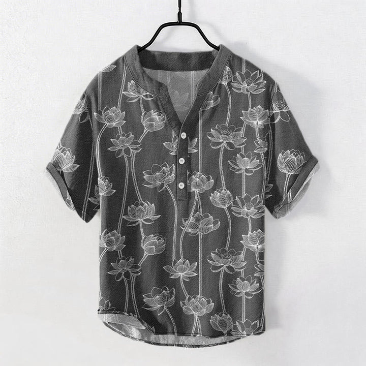 Buddha Stones Cotton Harmonious Lotus Pattern Men's Short Sleeve Half Button Shirt - Gray - US/UK/AU50，EU60 (5XL) - image 4