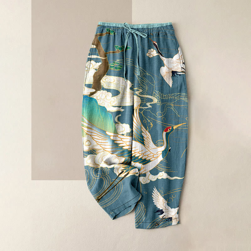 Buddha Stones Cotton Casual Flying Cranes Auspicious Clouds Tree Women's Elastic Waist Pants With Pockets - CadetBlue - US16，UK/AU20，EU48 (3XL) - image 5