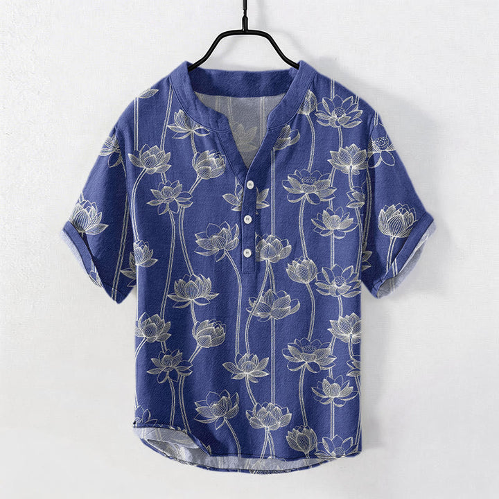 Buddha Stones Cotton Harmonious Lotus Pattern Men's Short Sleeve Half Button Shirt - DarkBlue - US/UK/AU50，EU60 (5XL) - image 6