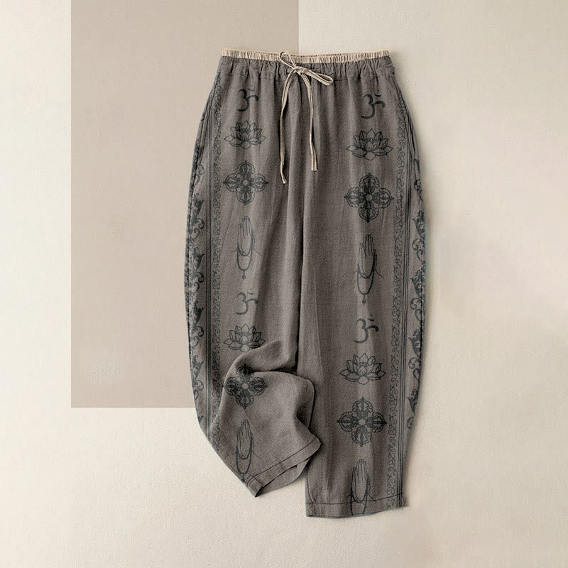 Buddha Stones Cotton Casual Lotus Flowers Double Dorje Vajra Namaste Om Design Women's Elastic Waist Pants With Pockets - DarkKhaki - US16，UK/AU20，EU48 (3XL) - image 5