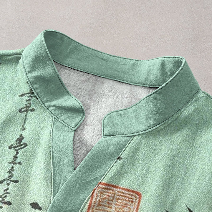 Buddha Stones Cotton Gradient Calligraphy Bamboo Ink Painting Pattern Men's Short Sleeve Half Button Shirt - image 2